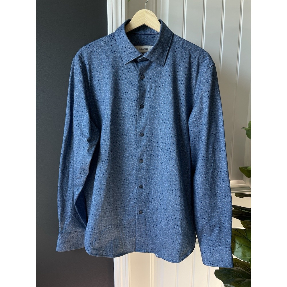 Bugatchi Dress Shirt Night Blue Geometric Stretch Men's M FF9269K60